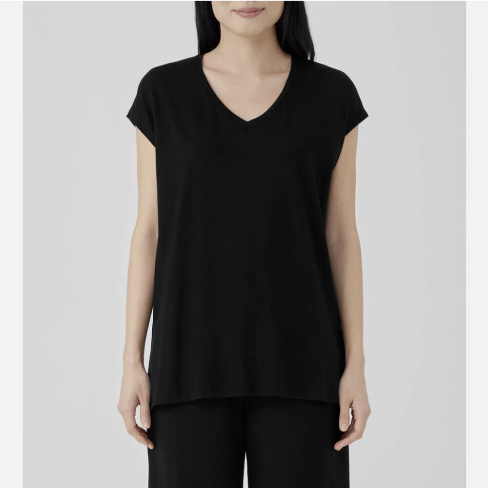 Eileen Fisher Black Fine Jersey Long Length V-Neck Square Top
